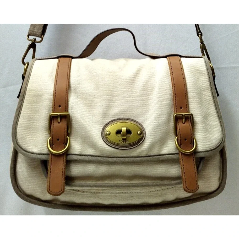 Fossil Long Live Vintage 54 Ivory Canvas Turnlock Flap Messenger Crossbody Bag